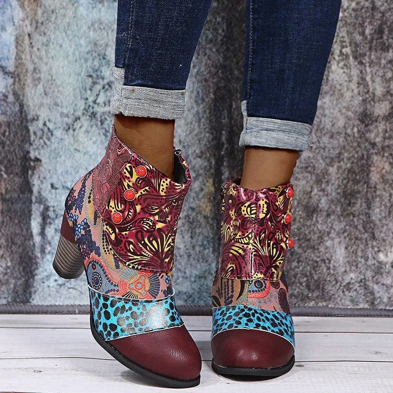 Women's boho ethnic multicolor floral patchwork chunky ankle booties