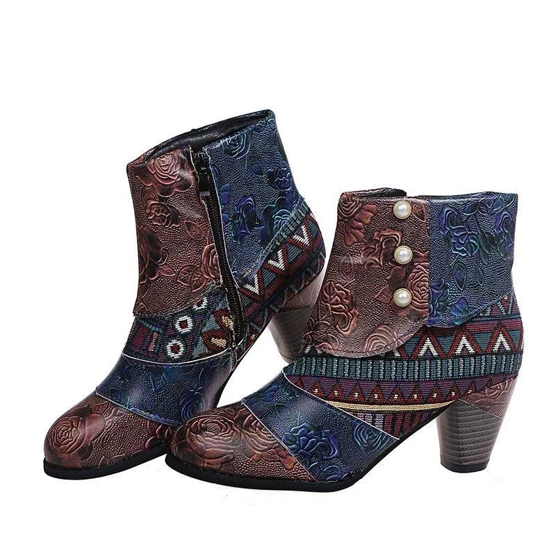 Women's boho ethnic multicolor floral patchwork chunky ankle booties