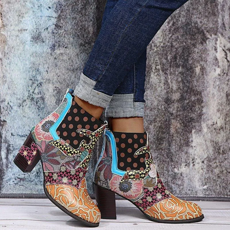 Women's boho ethnic multicolor floral patchwork chunky ankle booties