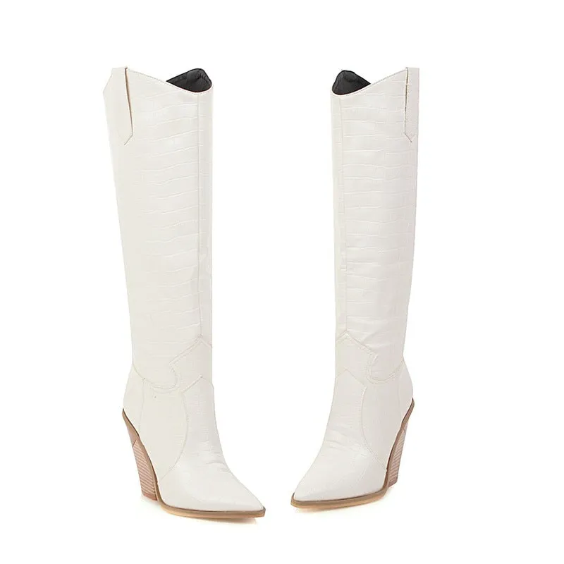 Women's chunky high heels knee high boots Solid cowboy boots Fall winter tall boots