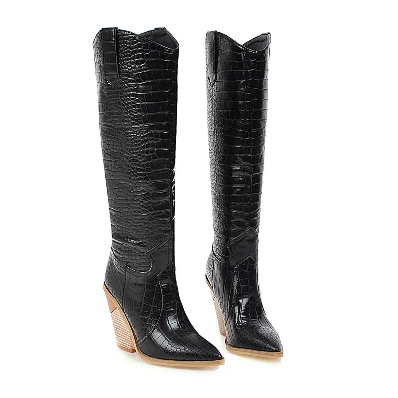 Women's chunky high heels knee high boots Solid cowboy boots Fall winter tall boots