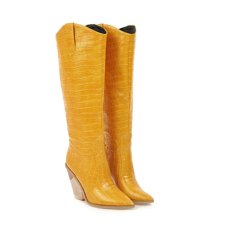 Women's chunky high heels knee high boots Solid cowboy boots Fall winter tall boots