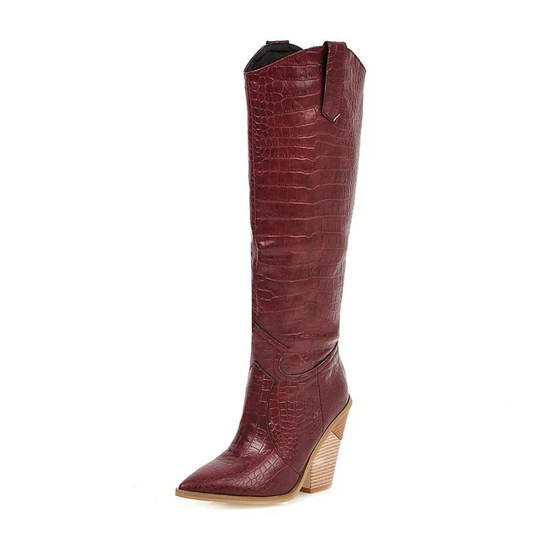 Women's chunky high heels knee high boots Solid cowboy boots Fall winter tall boots