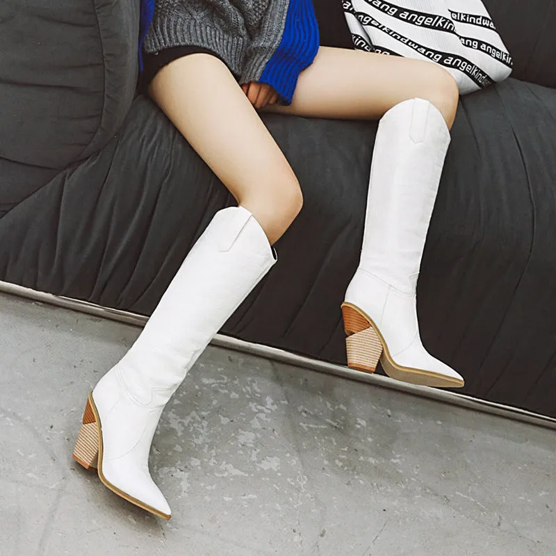 Women's chunky high heels knee high boots Solid cowboy boots Fall winter tall boots