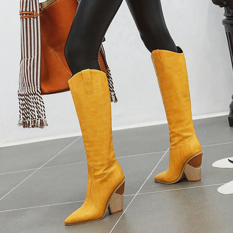 Women's chunky high heels knee high boots Solid cowboy boots Fall winter tall boots