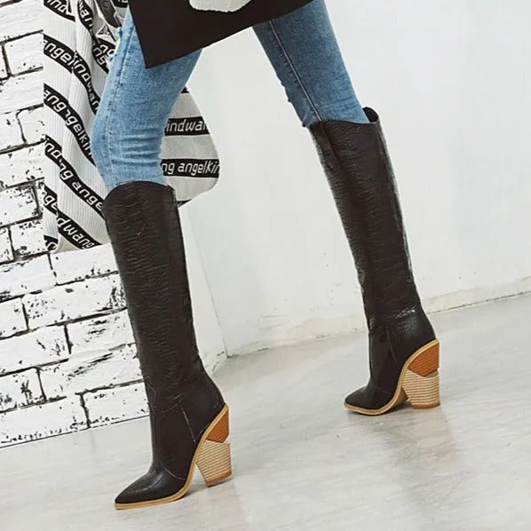 Women's chunky high heels knee high boots Solid cowboy boots Fall winter tall boots