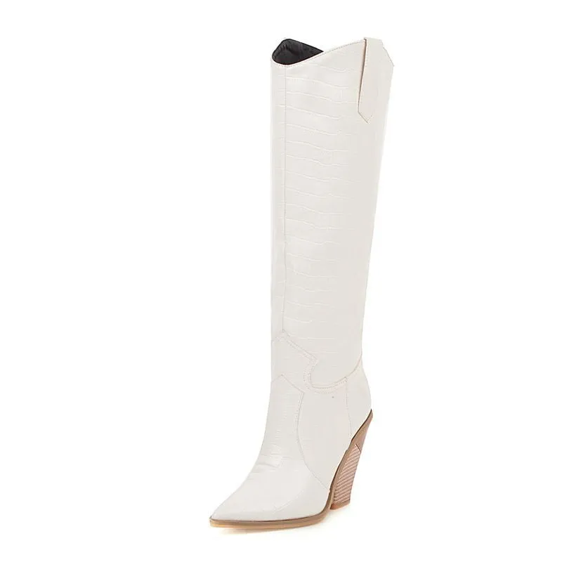 Women's chunky high heels knee high boots Solid cowboy boots Fall winter tall boots