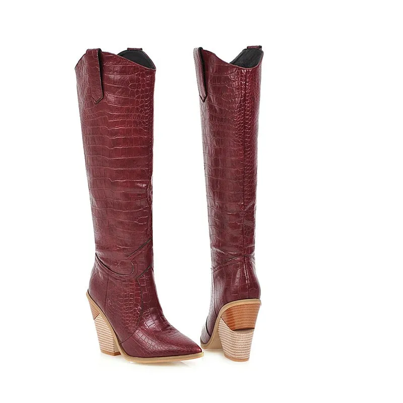Women's chunky high heels knee high boots Solid cowboy boots Fall winter tall boots