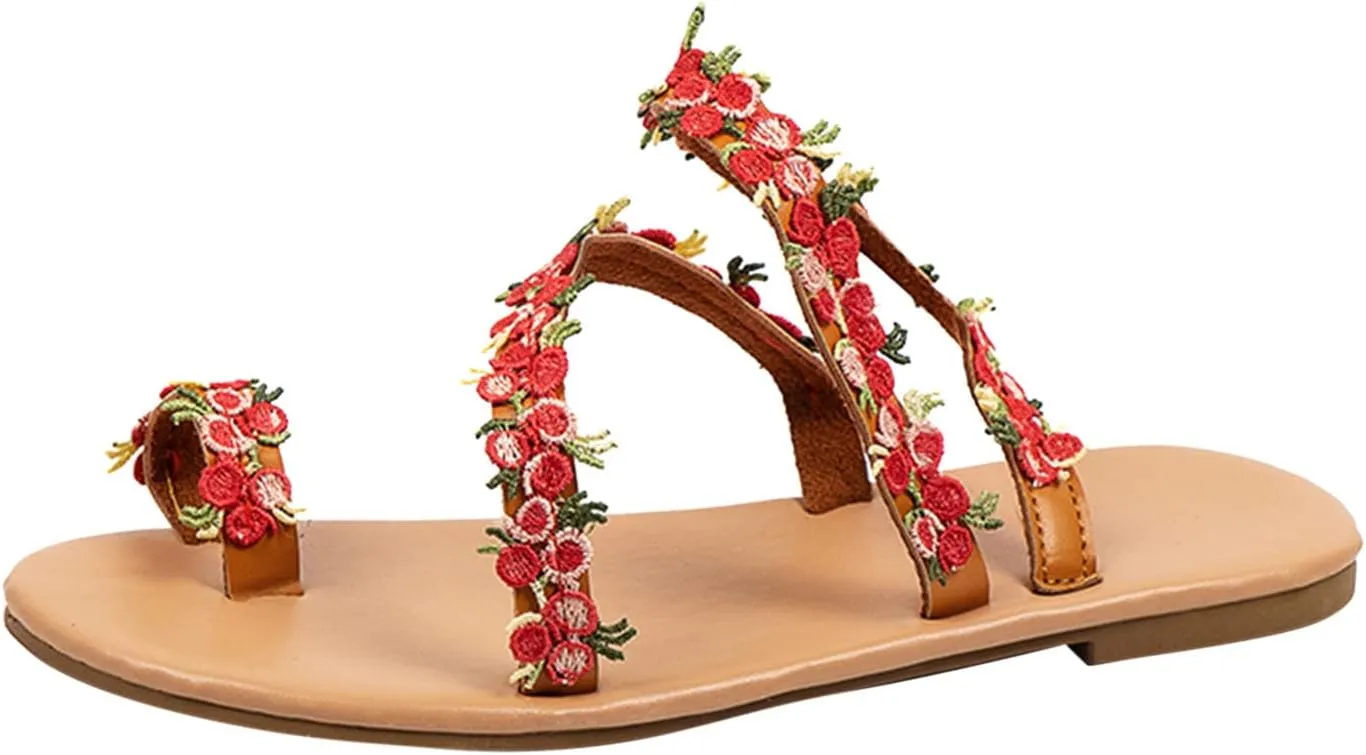 Women's Colorful Flat Sandals Trendy Floral Boho Summer Beach Flats Flower Strappy Wedding Dress Sandal with Toe Ring