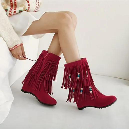 Women's ethnic beaded tassels mid calf boots
