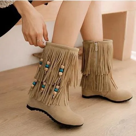 Women's ethnic beaded tassels mid calf boots