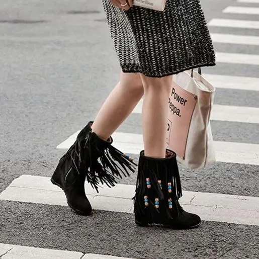 Women's ethnic beaded tassels mid calf boots