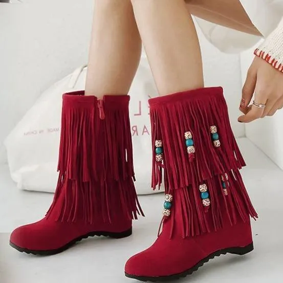 Women's ethnic beaded tassels mid calf boots