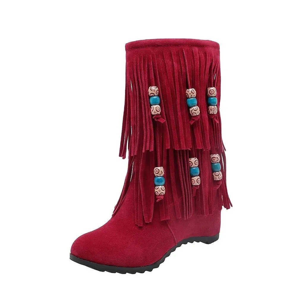 Women's ethnic beaded tassels mid calf boots