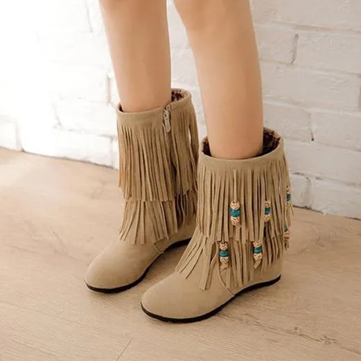 Women's ethnic beaded tassels mid calf boots