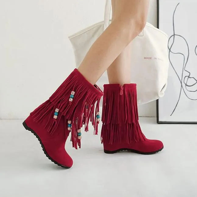 Women's ethnic beaded tassels mid calf boots