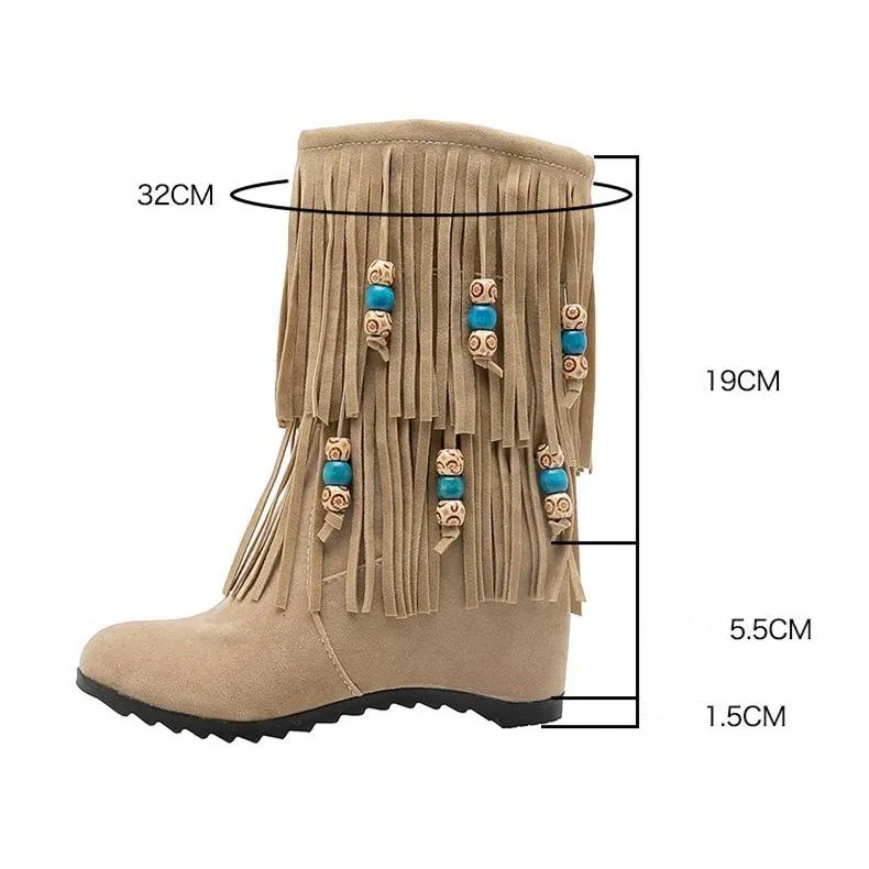 Women's ethnic beaded tassels mid calf boots