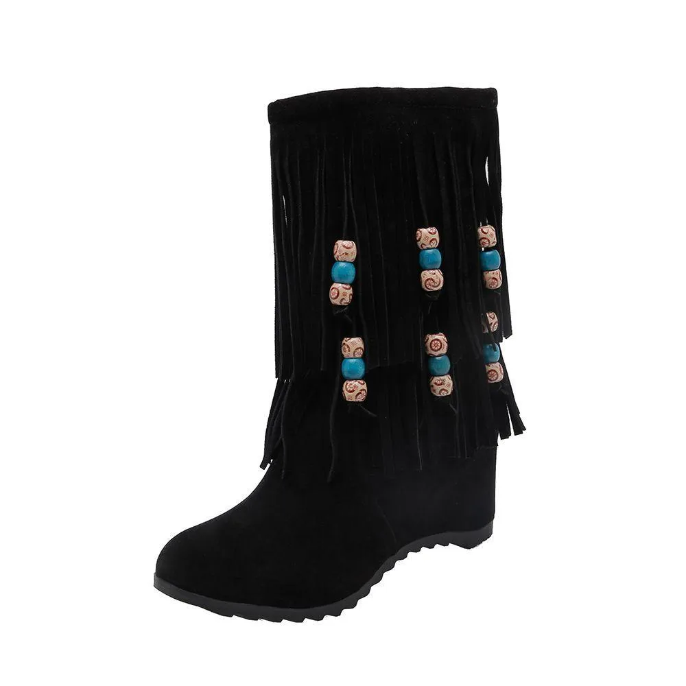Women's ethnic beaded tassels mid calf boots
