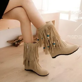 Women's ethnic beaded tassels mid calf boots