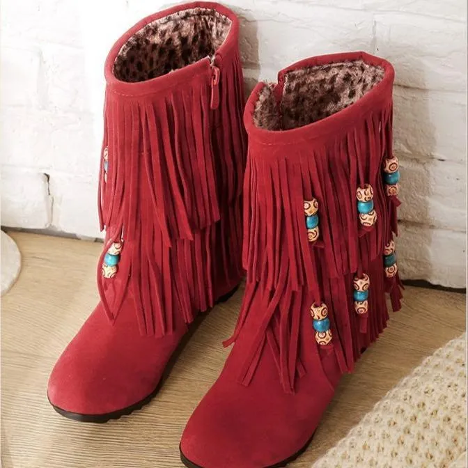 Women's ethnic beaded tassels mid calf boots