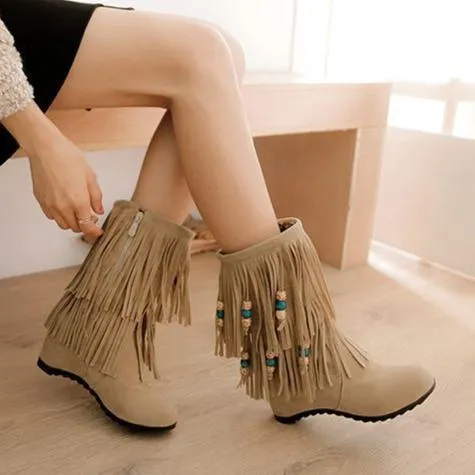 Women's ethnic beaded tassels mid calf boots