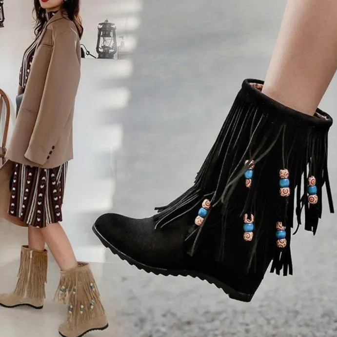 Women's ethnic beaded tassels mid calf boots