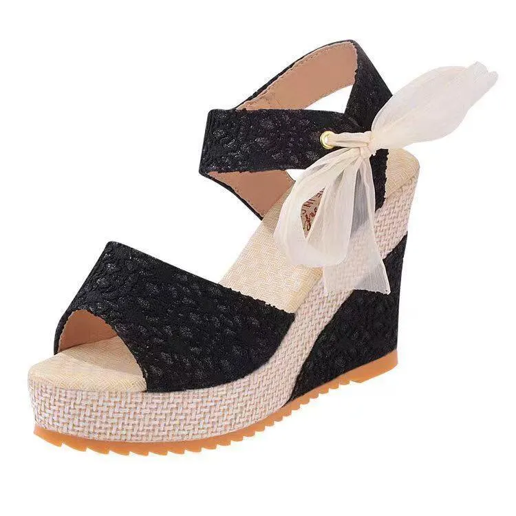 Women's floral lace side bowknot peep toe wedge sandals