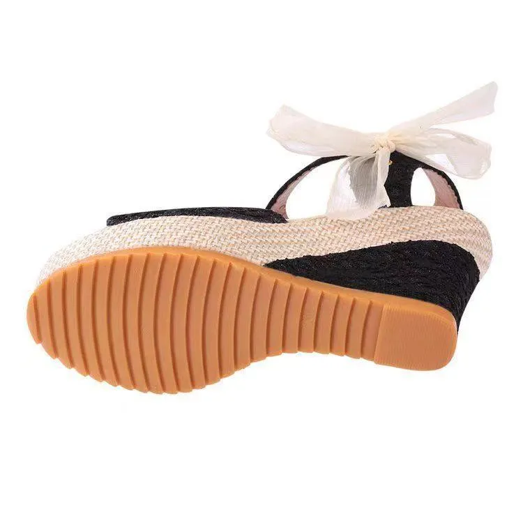 Women's floral lace side bowknot peep toe wedge sandals