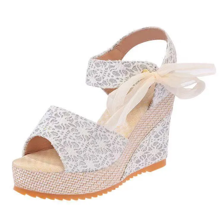 Women's floral lace side bowknot peep toe wedge sandals
