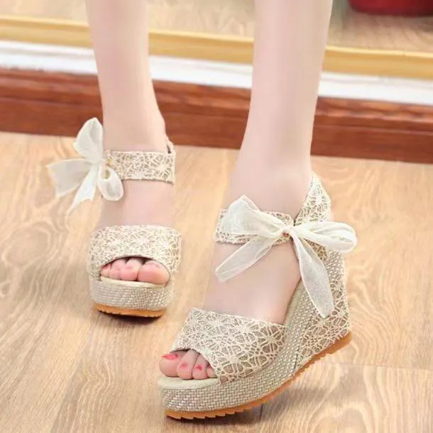 Women's floral lace side bowknot peep toe wedge sandals
