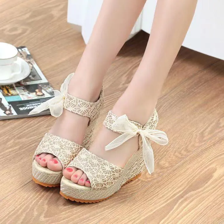 Women's floral lace side bowknot peep toe wedge sandals