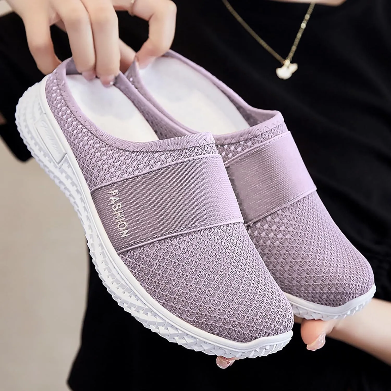 Women's Knitted Mesh Flat Mules Breathable Orthopedic Diabetic Shoes Comfort Backless Walking Sneakers Closed Toe Slip On Slides Soft Soles Non-Slip Mule Shoes with Arch-Support