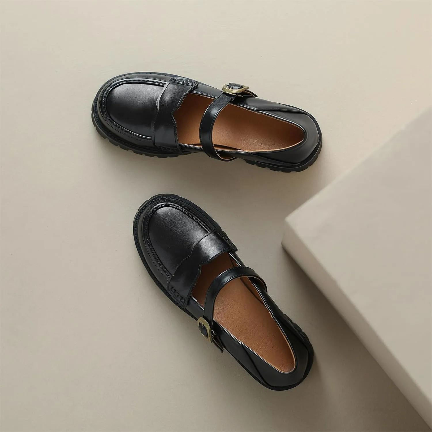 Women's Platform Round Closed Toe Pump Loafers Adjustable Buckle Comfortable Chunky Mid Heel Office Work Casual Fashion Business Dress Shoes All Weather Daily Wear Flats