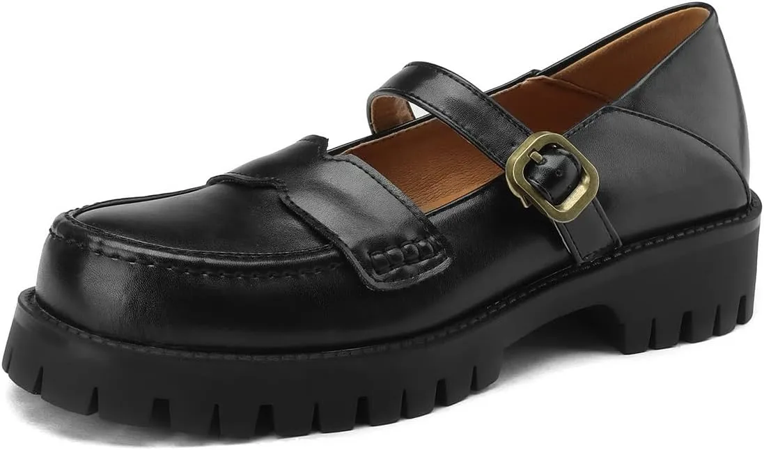 Women's Platform Round Closed Toe Pump Loafers Adjustable Buckle Comfortable Chunky Mid Heel Office Work Casual Fashion Business Dress Shoes All Weather Daily Wear Flats