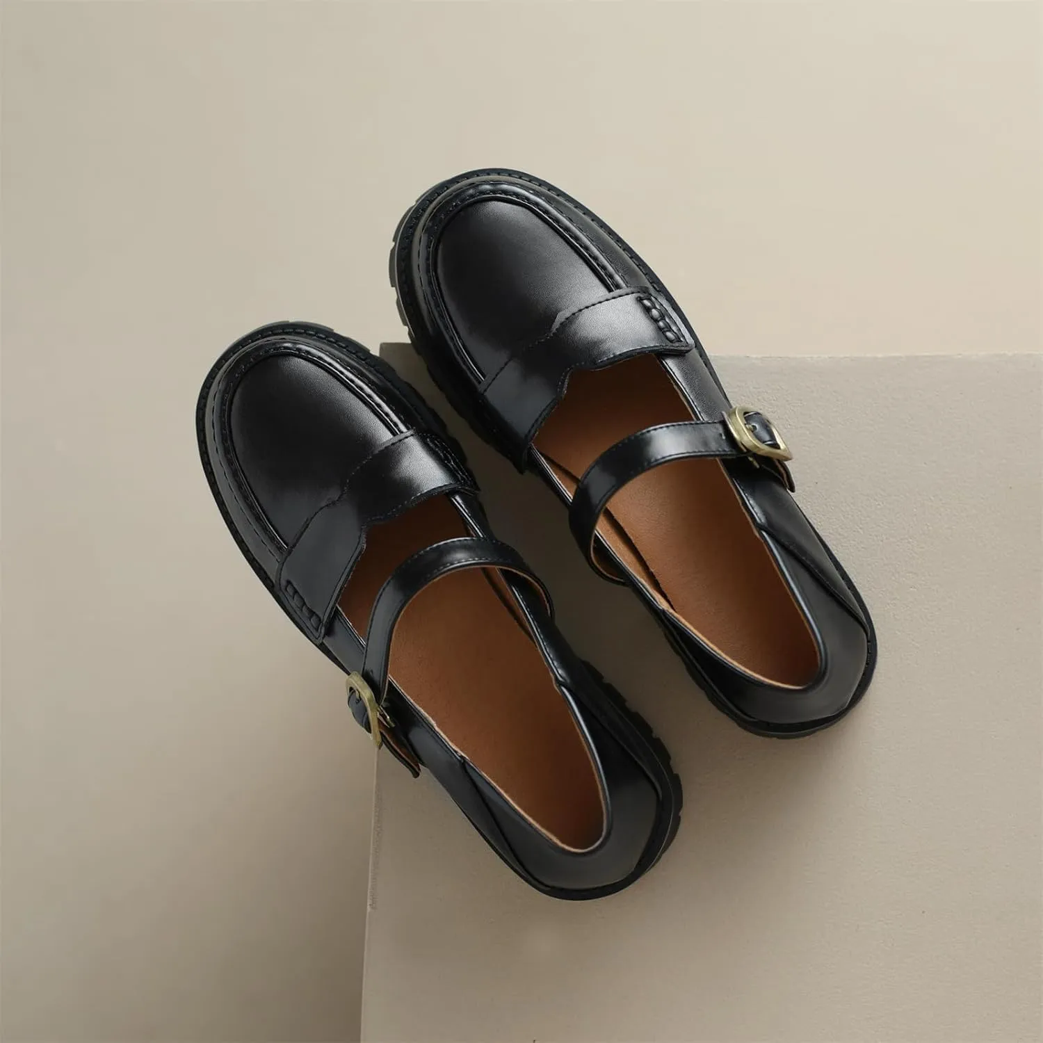Women's Platform Round Closed Toe Pump Loafers Adjustable Buckle Comfortable Chunky Mid Heel Office Work Casual Fashion Business Dress Shoes All Weather Daily Wear Flats