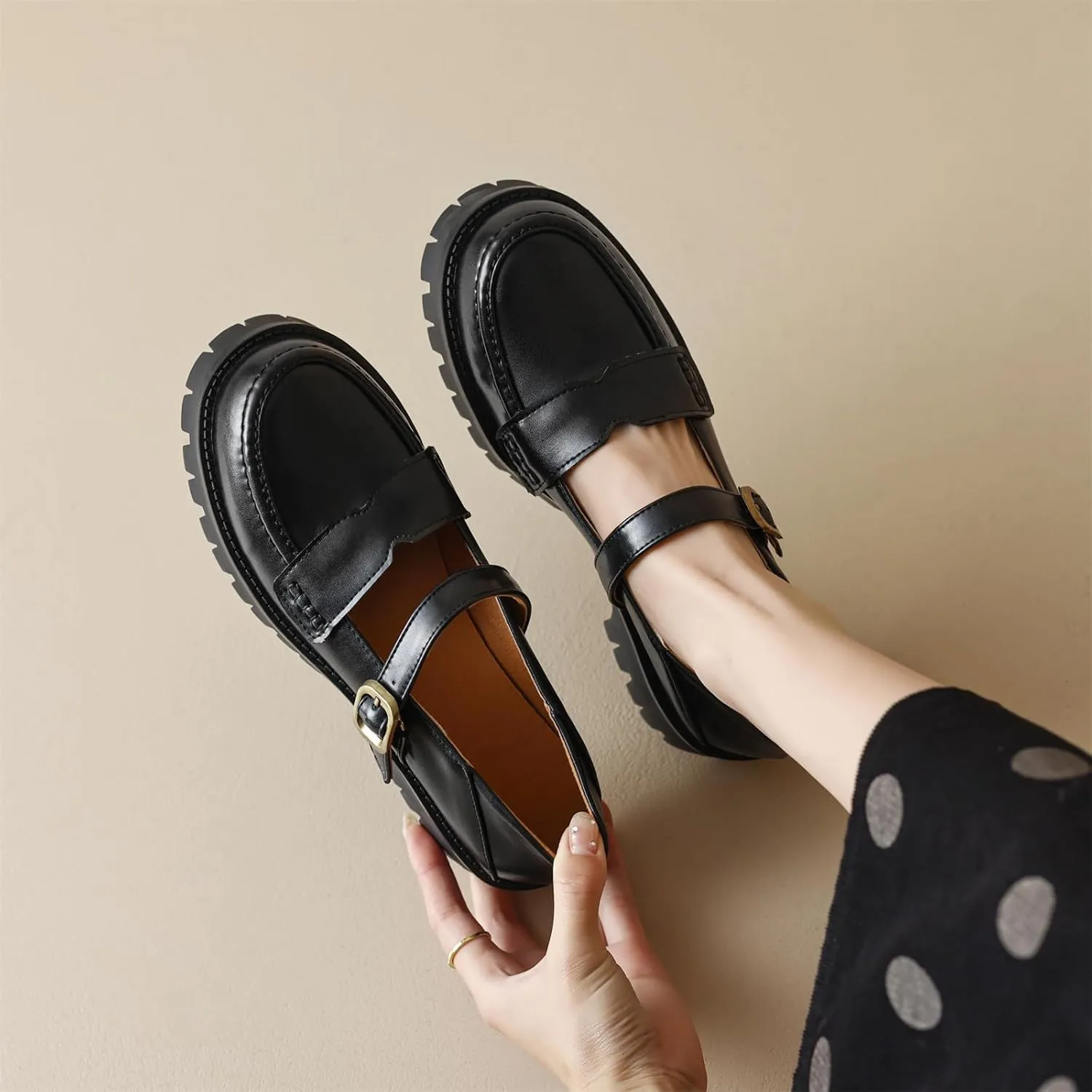 Women's Platform Round Closed Toe Pump Loafers Adjustable Buckle Comfortable Chunky Mid Heel Office Work Casual Fashion Business Dress Shoes All Weather Daily Wear Flats