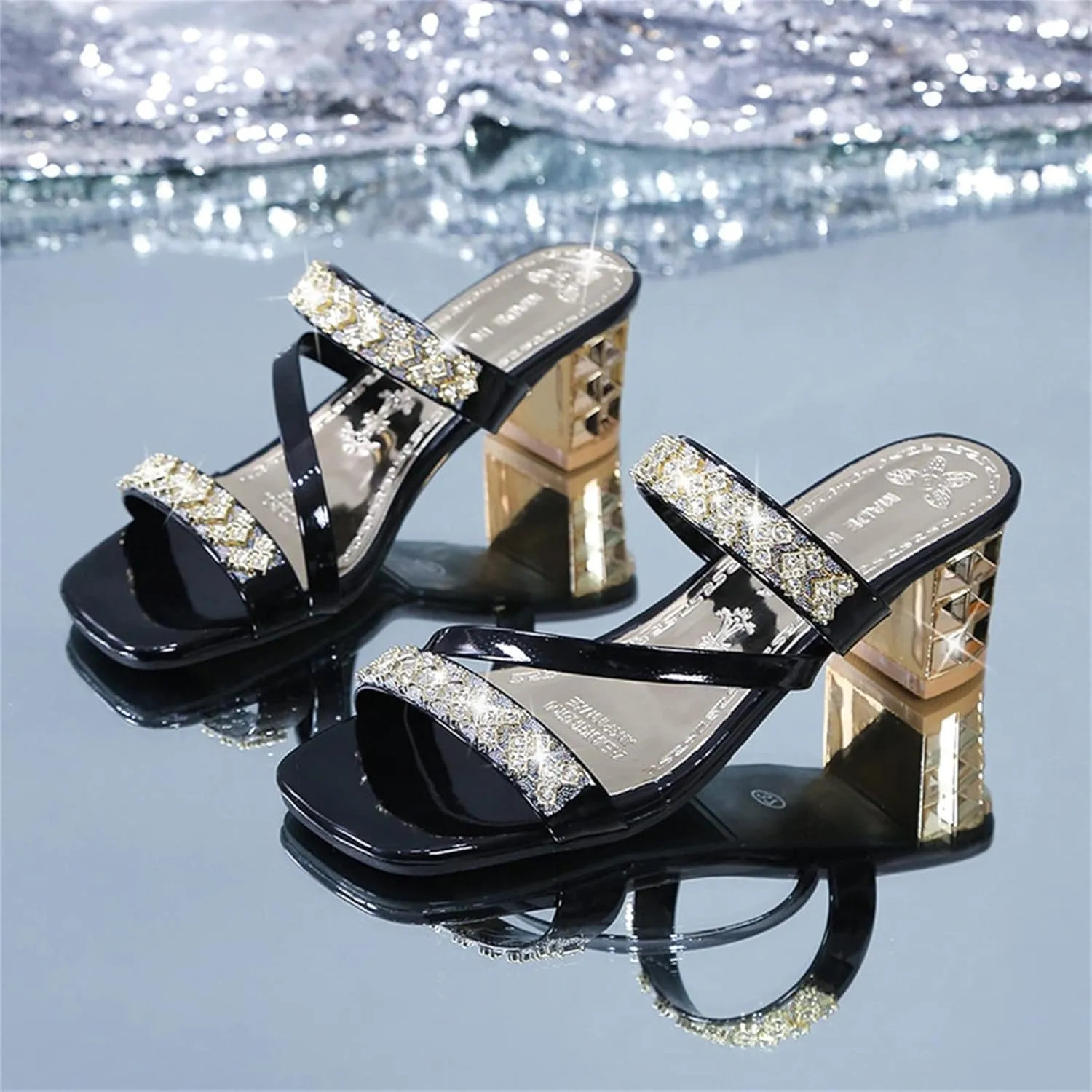 Women's Sparkly Rhinestone Embellished Sandal Square Toe Trendy Elegant Slipper Business Strappy Summer High Heel