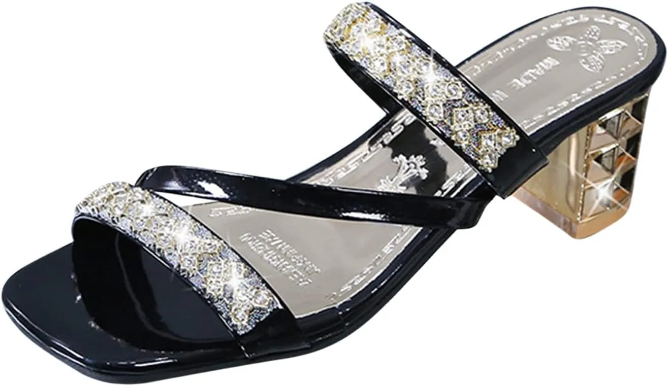 Women's Sparkly Rhinestone Embellished Sandal Square Toe Trendy Elegant Slipper Business Strappy Summer High Heel