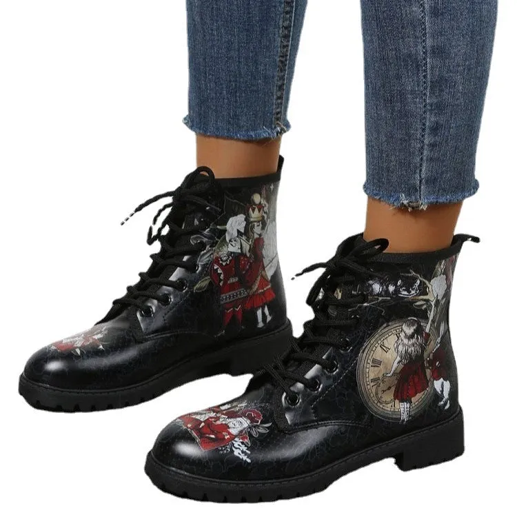 Women's vintage black cartoon firgue boots lace-up combat booties Halloween ankle boots