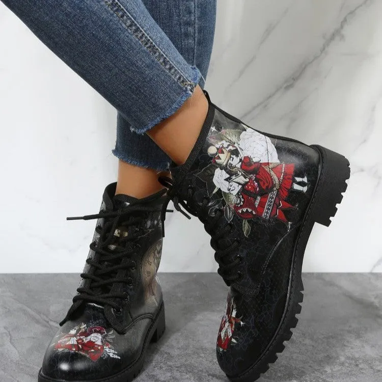 Women's vintage black cartoon firgue boots lace-up combat booties Halloween ankle boots