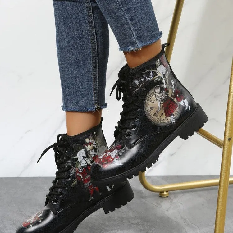 Women's vintage black cartoon firgue boots lace-up combat booties Halloween ankle boots