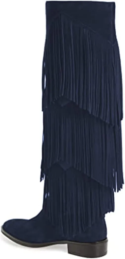 YDN Women Chic Fringes Knee High Riding Boots Round Toe Stacked Low Heels Suede Winter Shoes 4-15 US